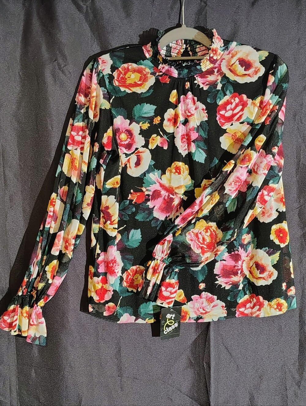 NWT Art Class Girls Floral Mesh Mock Neck Long Sleeve Top Black XL 14/16